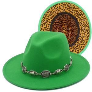 Green wool fedora hat with leopard print brim and vintage silver metal chain link decoration