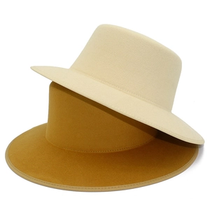 Women Men Vintage Flat Top Wide Brim Fedora Boater Hat Bound Edge Cotton Blend Felt Hat For Autumn Winter Party Travel Cap