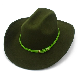 Dark green wool felt fedora hat with bright green faux leather belt and gold metal buckle