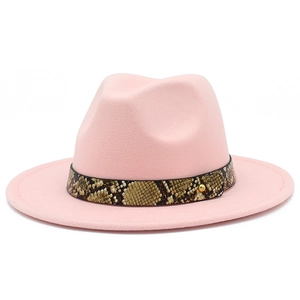 Detail of pink fedora hat showing textured wool and snake pattern leather belt with gold stud