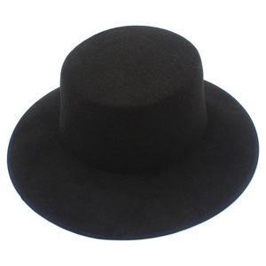 Classic black flat top wool felt fedora hat with a wide stiff brim for men and women