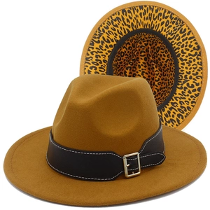 Caramel felt fedora hat with leopard print brim and black faux leather belt