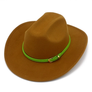 Close-up of brown wool jazz hat with a neon green leather belt and golden metal buckle