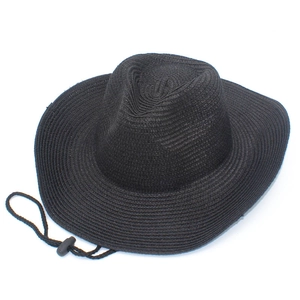 Chapeau de cowboy noir en paille avec cordon réglable pour protection solaire