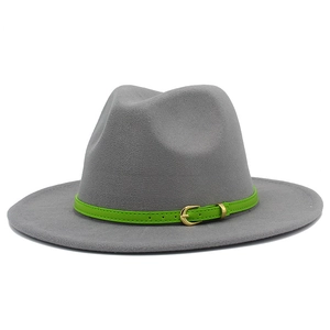 Close-up of gray wool fedora featuring a vibrant green leather band and gold buckle detail