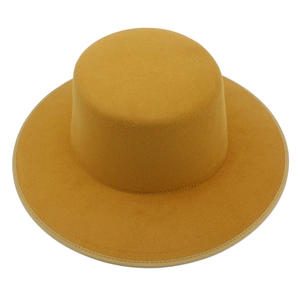 Classic mustard yellow wool fedora hat with flat top and wide brim for men and women