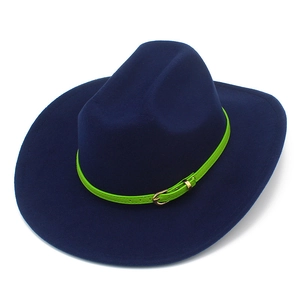 Dark blue felt cowboy hat with neon green leather belt and golden metal buckle