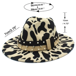 Cow print fedora hat size chart showing 56-58cm head circumference and 7cm brim detail