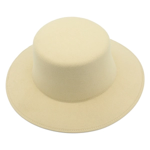 Top-down view of a beige wool felt flat-top boater hat with detailed ribbon edge binding