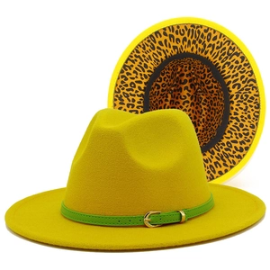 Women Leopard Print Brim Fedora Hat Cotton Polyester Felt Jazz Hat Green Belt Fashion British Large Brim Party Hat