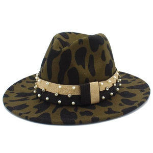 Olive green leopard print wool fedora hat with elegant pearl and rhinestone hat band