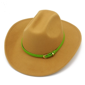 Detail of khaki wool felt jazz hat featuring a vibrant green leather band and gold buckle