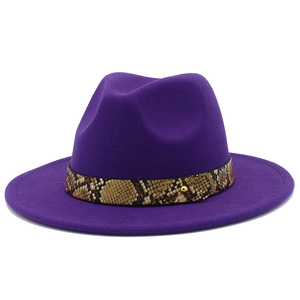 Detail of purple fedora hat featuring a snakeskin leather band and gold stud accent