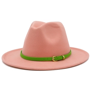 Pink wool fedora hat with wide brim, green leather band and gold buckle detail