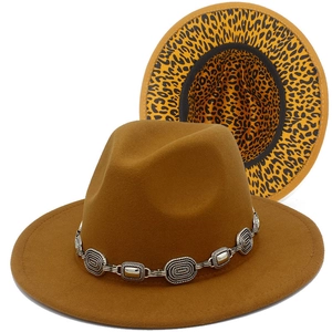 Camel felt fedora with leopard print brim underlay and vintage silver metal chain link