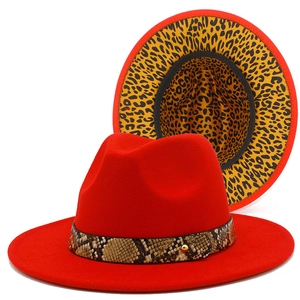 Red wide brim fedora hat with snakeskin band and leopard print lining for outdoor fashion