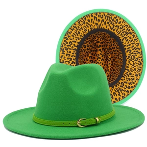 Green wool fedora hat with leopard print lining and elegant gold buckle band accessory
