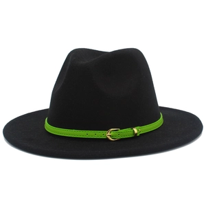Detail of black wool felt fedora featuring a green leather band with a gold metal buckle