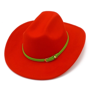 Classic red felt fedora hat with wide brim and green faux leather belt buckle accent