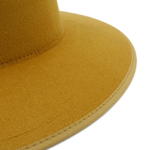 Mustard yellow felt fedora hat with wide brim and professional reinforced stitching edge