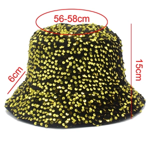 Specifiche dimensionali per cappello a secchiello con paillettes nere e oro luccicanti