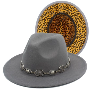 Gray wool fedora hat with leopard print brim and silver metal chain decoration