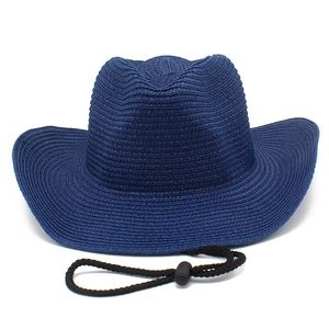 Chapeau de cowboy en paille bleu foncé avec cordon réglable et large bord pour le soleil
