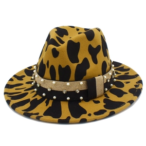 Classic leopard print fedora hat with elegant pearl and rhinestone embellished band