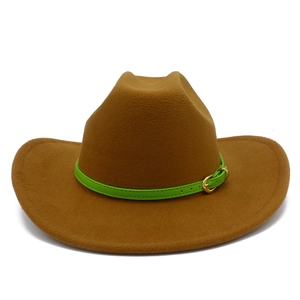 Brown wool felt western cowboy hat with green belt strap and golden buckle for men and women