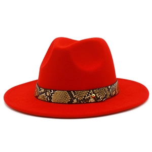 Classic bright red wide brim fedora hat with snakeskin leather band and gold stud detail
