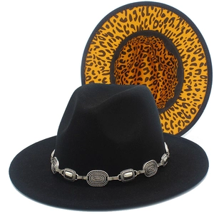 Vintage Metal Chain Leopard Print Fedora Hat Woolen Felt Jazz Cap Men Women Fashion British Style Performance Headwear