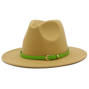 Detailed view of camel wool fedora hat featuring a bright green leather belt with gold buckle