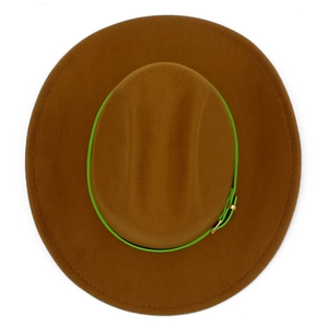 Top view of brown wool fedora hat featuring a green leather band with gold metal buckle