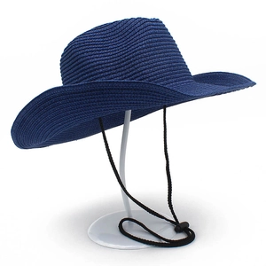 Chapeau de soleil en paille bleu marine pour hommes avec jugulaire noire réglable et tissée