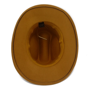 Detail of wool felt fedora interior with cotton blend label and adjustable drawstring
