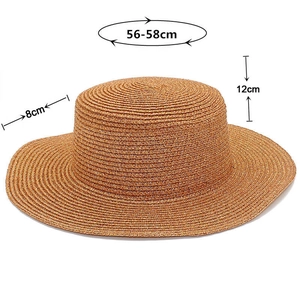 Detail view of woven straw sun hat with measurements: 56-58cm brim and 12cm height