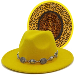 Yellow wool fedora hat with silver metal chain and leopard print lining for fashion