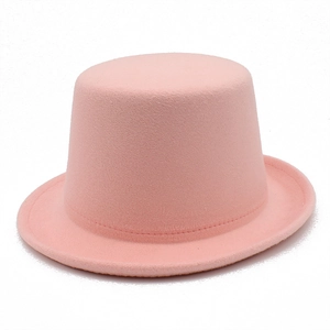 Pink high top felt magician hat for women and men featuring a flat brim and solid color
