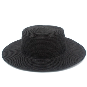 Classic black straw boater hat for women featuring a flat top and wide circular brim