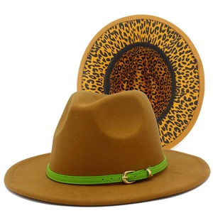 Detail view of brown wool fedora with green leather strap and leopard print lining