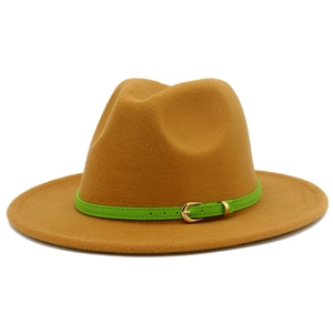 Classic khaki wool fedora hat with a striking green leather belt and gold buckle