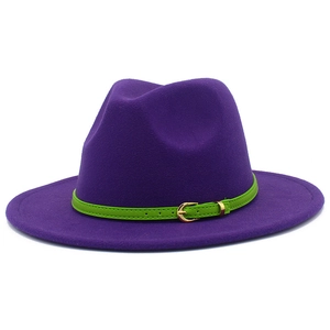 Detail showing high-quality purple wool felt fedora with green leather belt and gold buckle