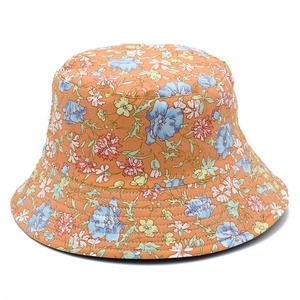 Chapeau bob en coton pour femme avec imprimé floral orange et bord surpiqué anti-UV