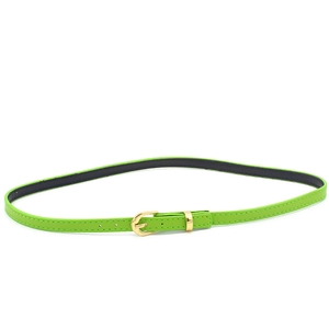 Close-up of grass green slim wool fedora belt with gold horseshoe metal buckle detail