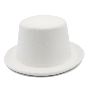 Detail view of white felt top hat showing high crown and stitched wide brim texture
