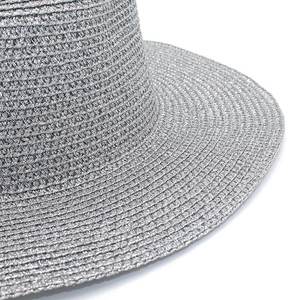 Close-up of fine woven texture and shiny metallic finish on this silver summer sun hat