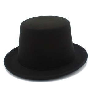 Detailed view of black felt top hat with high crown and flat brim for stage performances