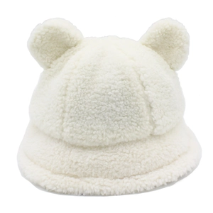 Plush lamb wool bucket hat with cute bear ears for winter warmth and fashion styling