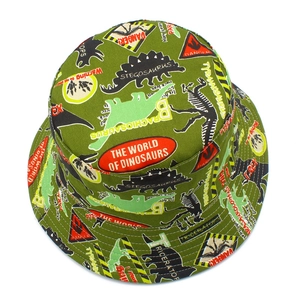 Close-up detail of green cotton bucket hat featuring various cartoon dinosaur prints