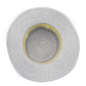 Detail view showing the interior woven texture and sweatband of the silver straw sun hat